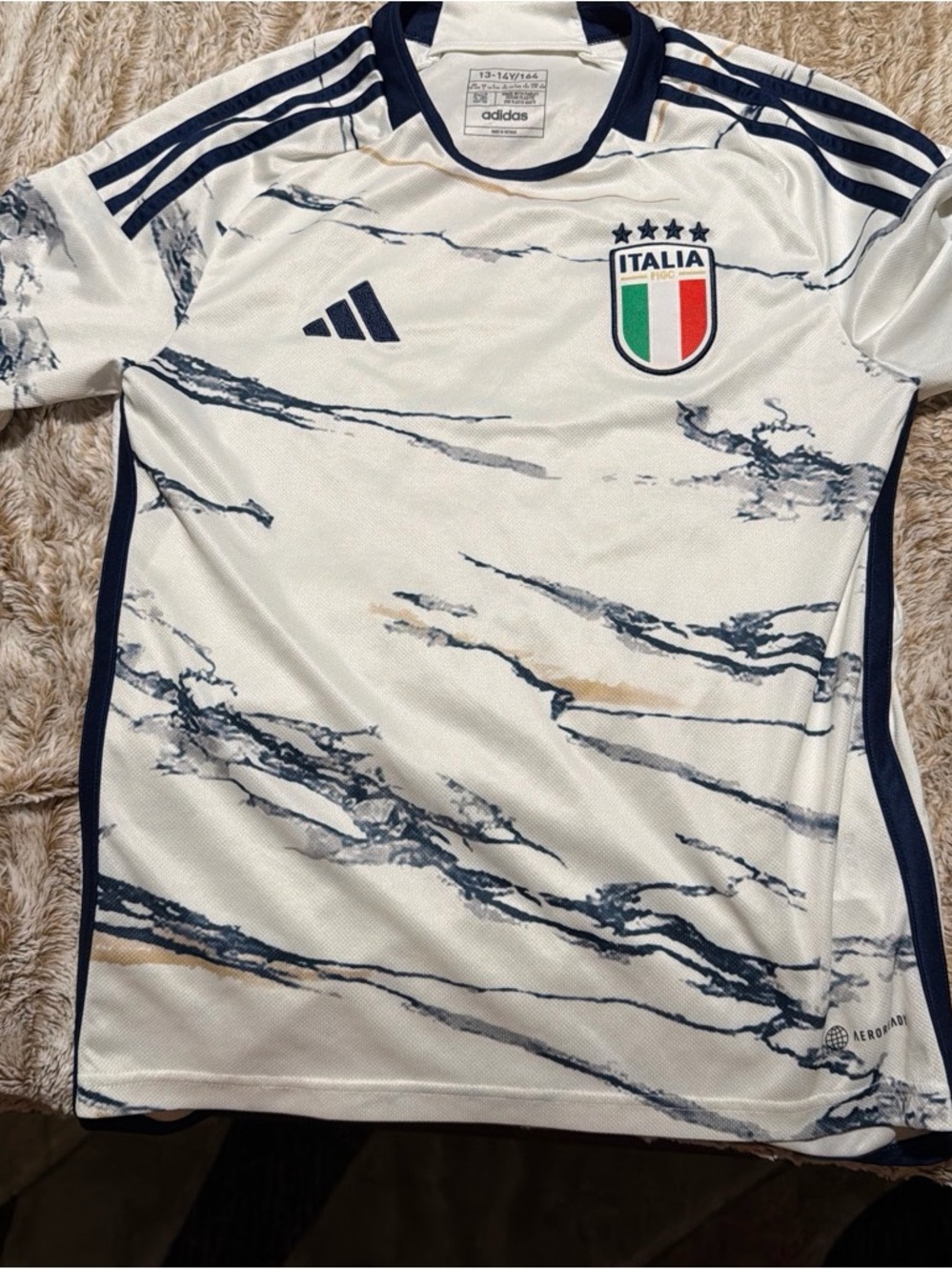 adidas White and Navy Italy Football Jersey with Gold Accents